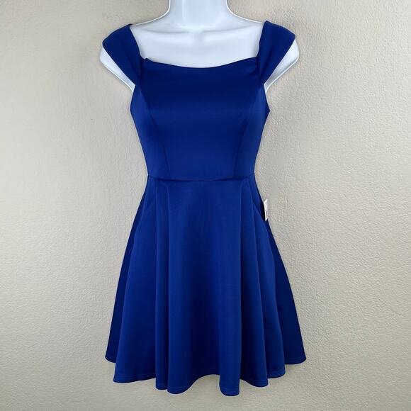 Teeze Me Royal Blue Off The Shoulder Pleated Fit & Flare Dress SM Junior 3 NWT - Picture 12 of 14